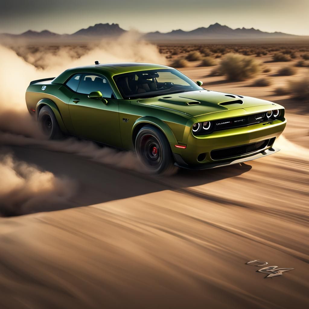 Olive Green Dodge Challenger Hellcat Desert Chase