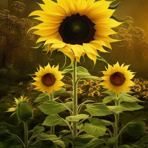 Cat in Sunflower Forest: Digital Matte Painting