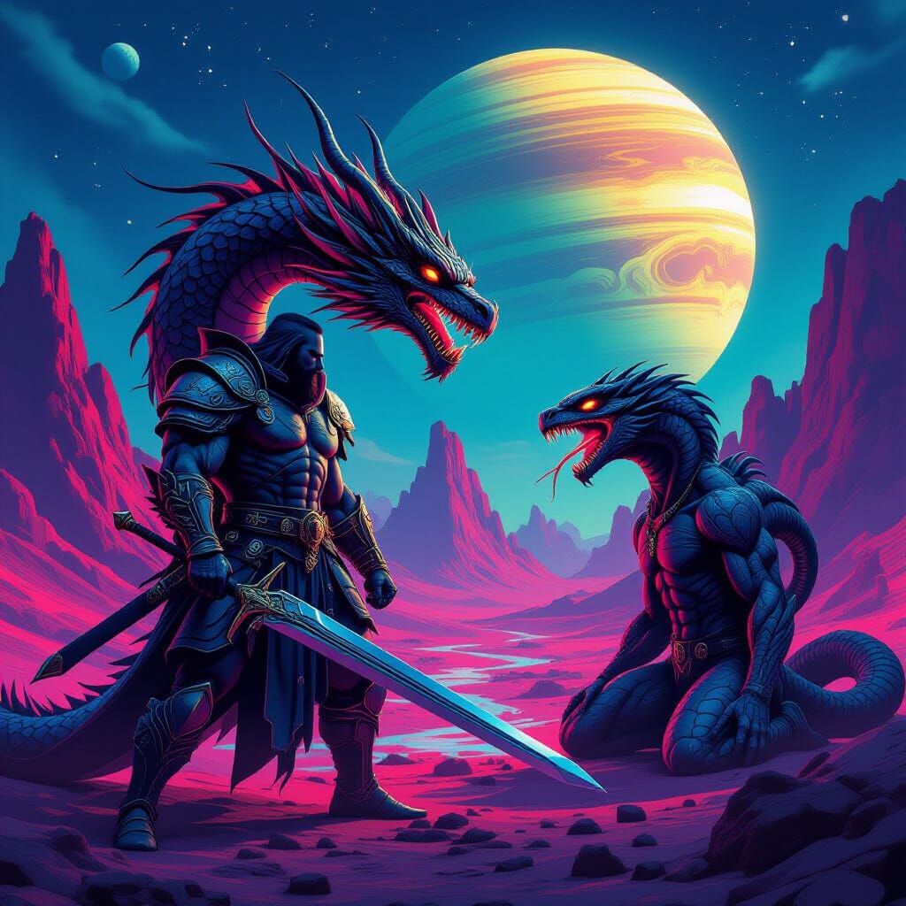 Dragon Warrior Battles Demon on Neon Saturn Moon