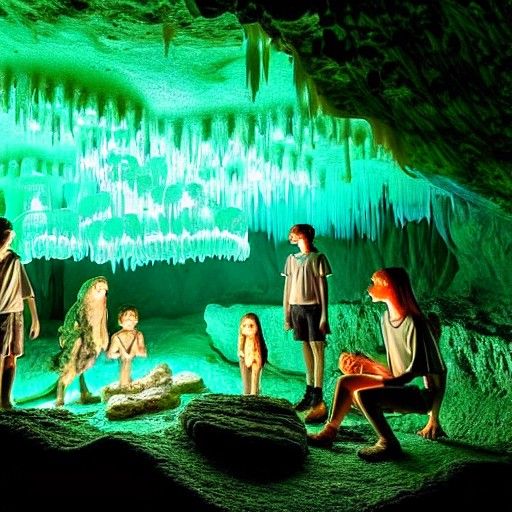 Bioluminescent Cave Scene in Pre-Raphaelite Style