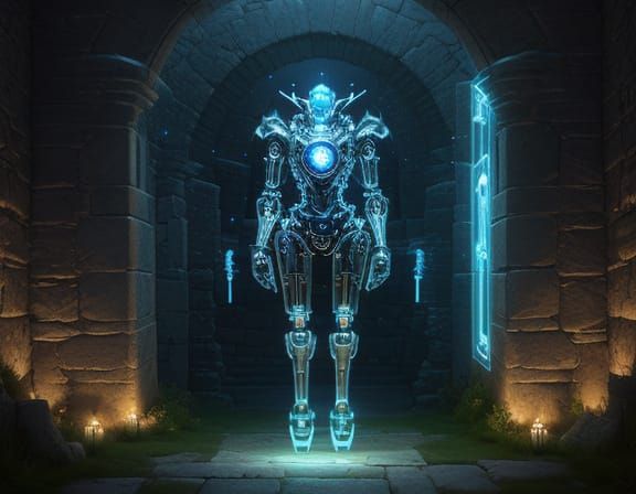 Whimsical Robot Phases Through Castle in Ethereal Digital Ar...