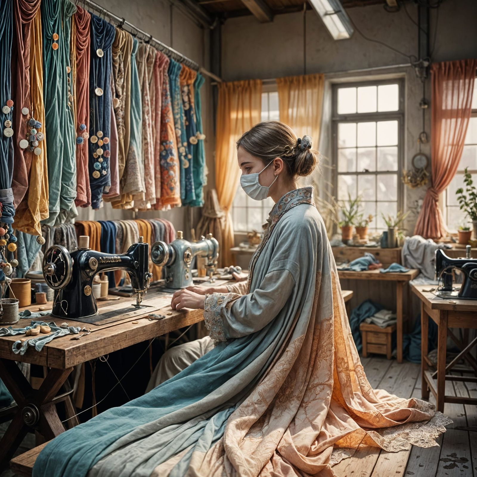 Textile Human Figure in a Colorful Workshop