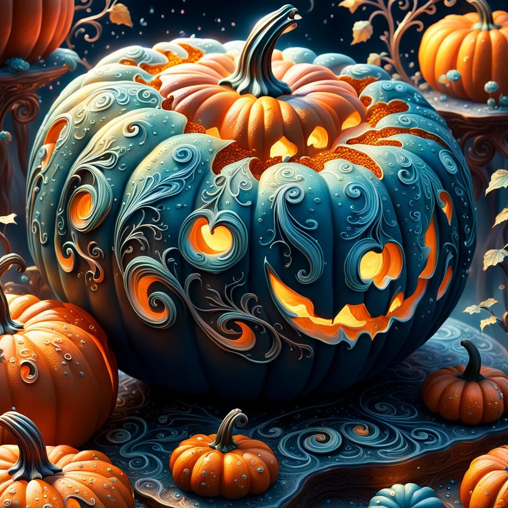 Intricate Carved Pumpkin with Iridescent Accents