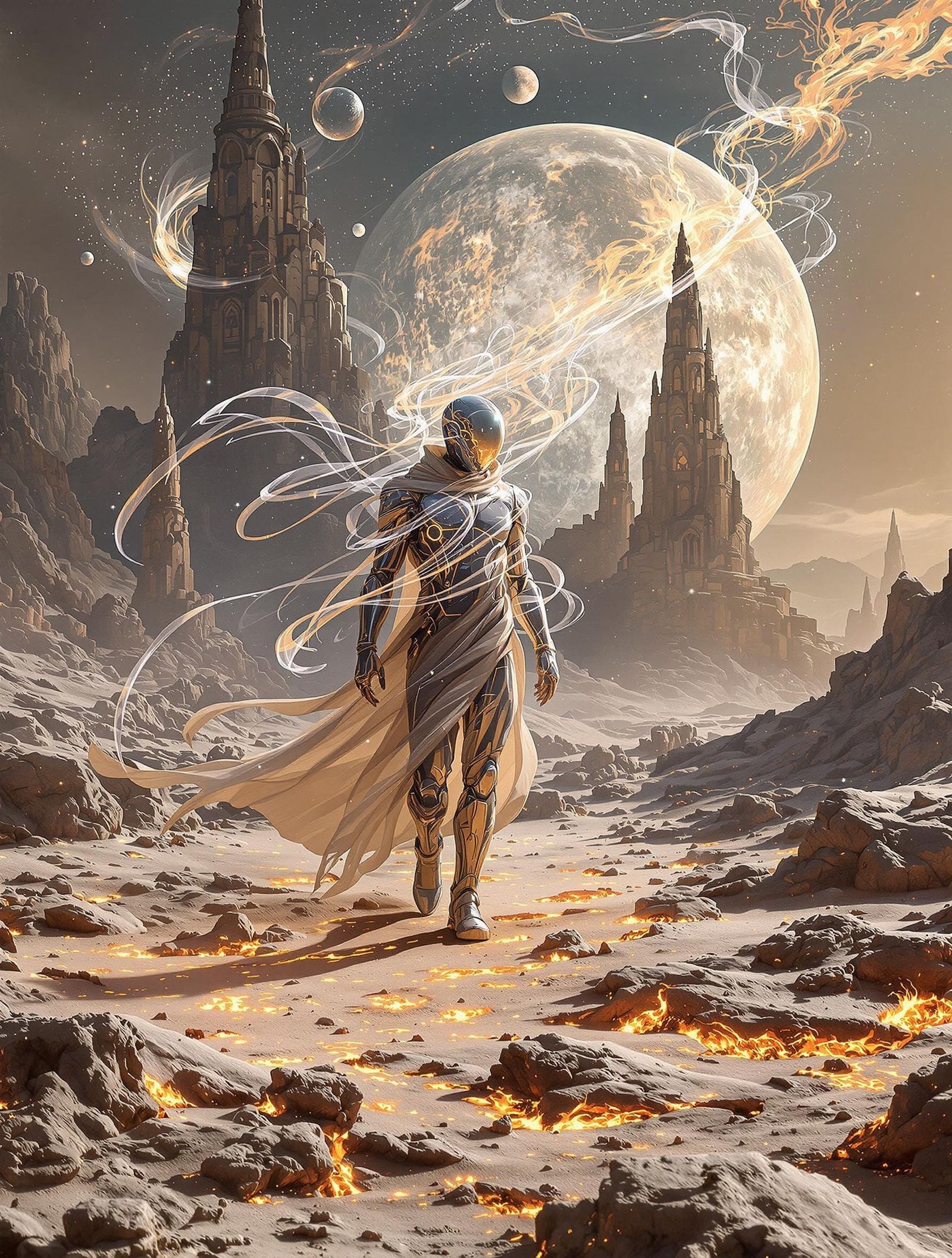 Glass Wanderer on Scorched Moon: Surreal Digital Painting