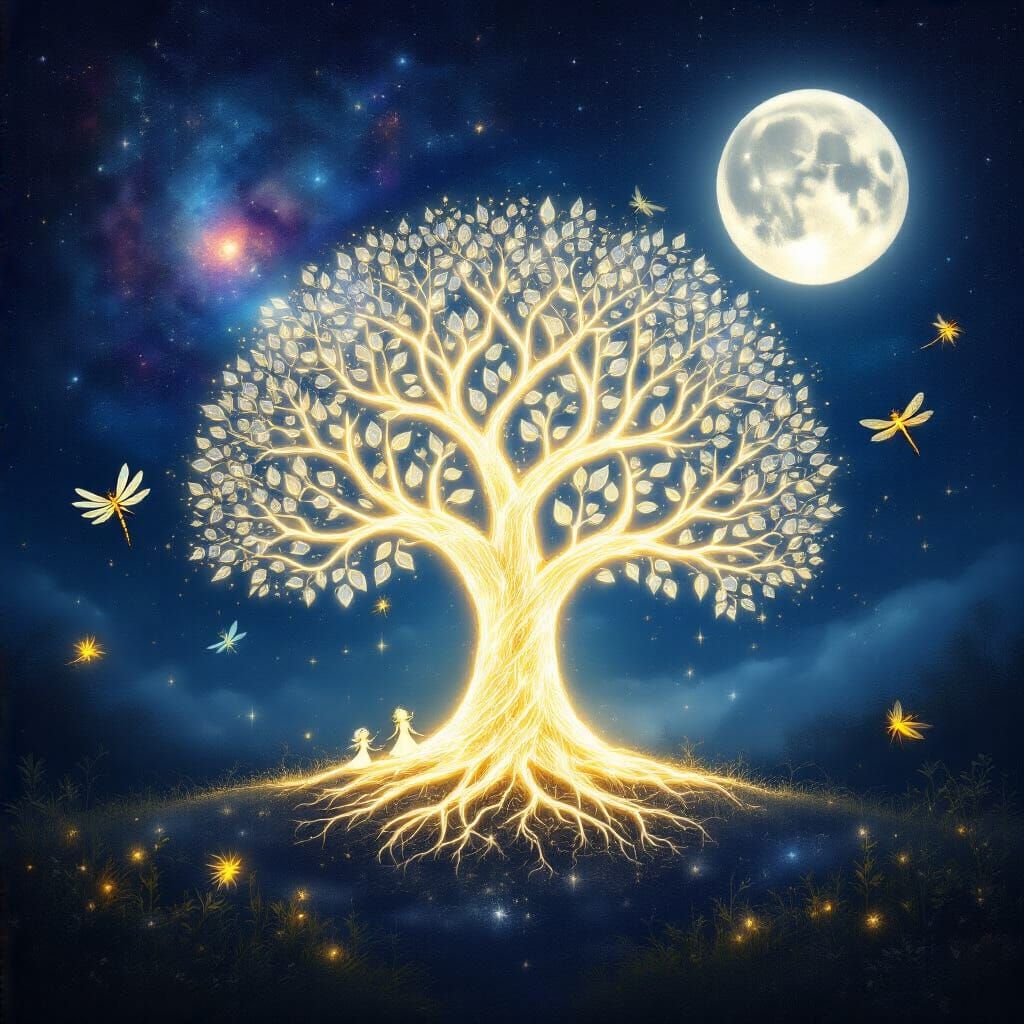 Crystal Tree of Life with Fairies and Moonlight