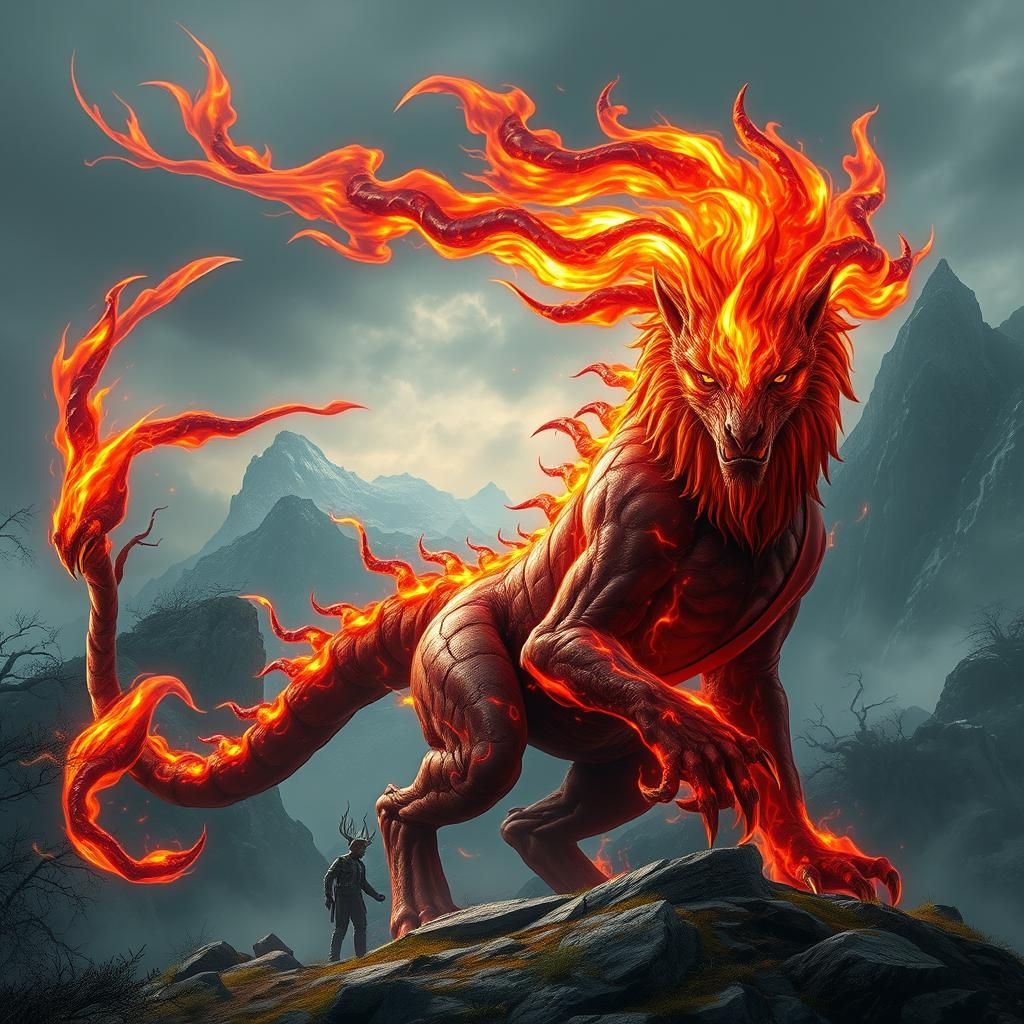 Fiery Manticore in Mystical Landscape, Realistic Matte Paint...