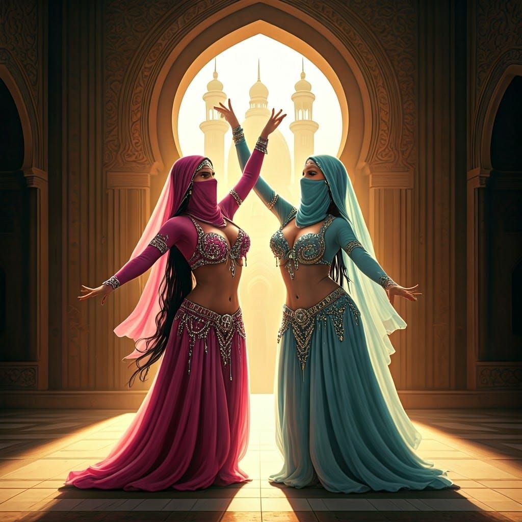 Veiled Women Dance on Ornate Islamic Stage