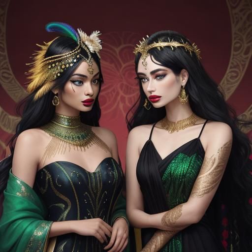Cinematic Portrait of Women with Metallic Skin and Peacock F...