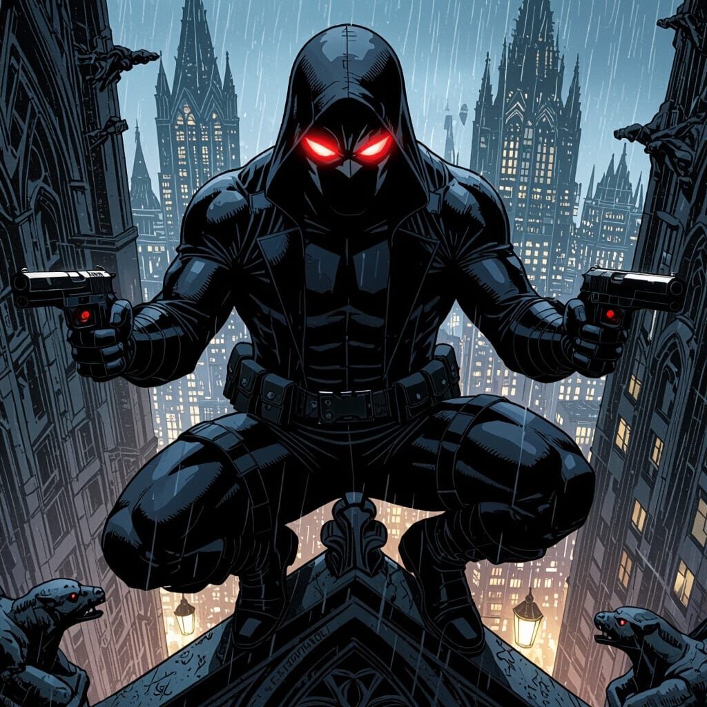 Masked Vigilante Overlooking Noir Metropolis