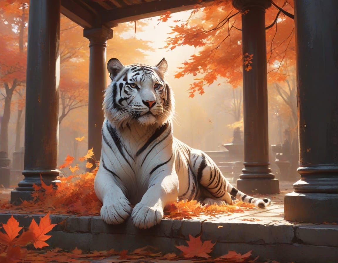 Tiger in Autumn Pavilion, Watercolor Style