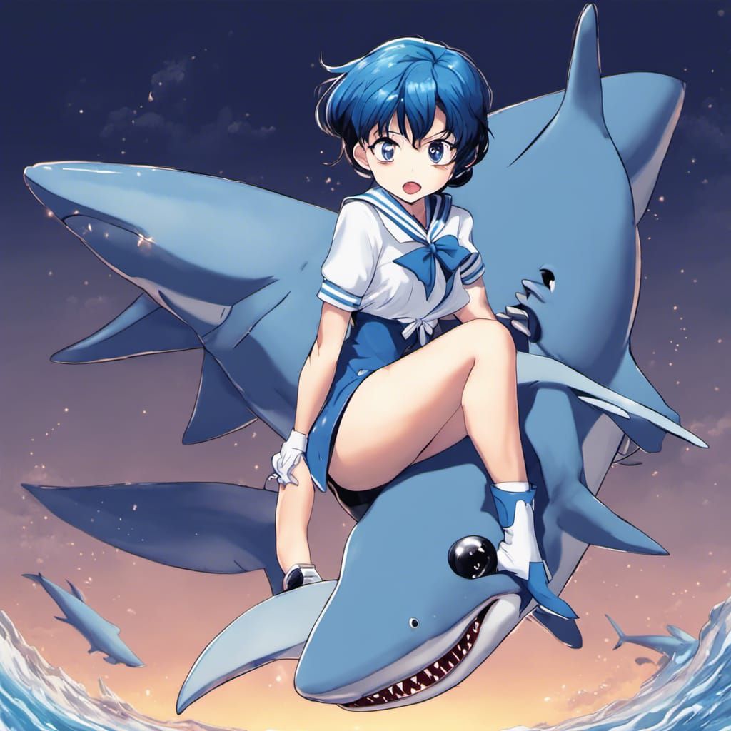 Chibi Sailor Mercury Rides a Shark in Anime Style