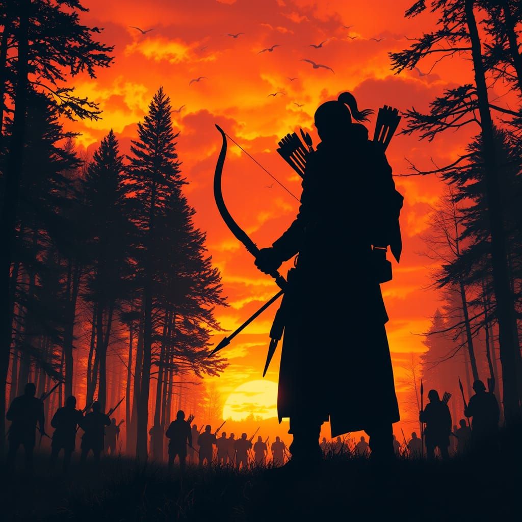 Warrior at Sunset in Fiery Forest