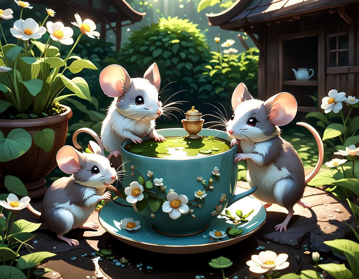 Whimsical Mice Create Charming Teacup Garden in 3D Anime Sty...