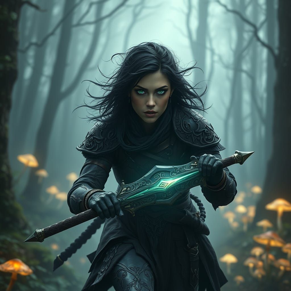 Dark Elf Warrior in Eerie Forest Landscape