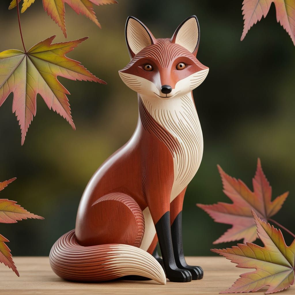 Elegant Wooden Fox Sculpture with Autumnal Flair