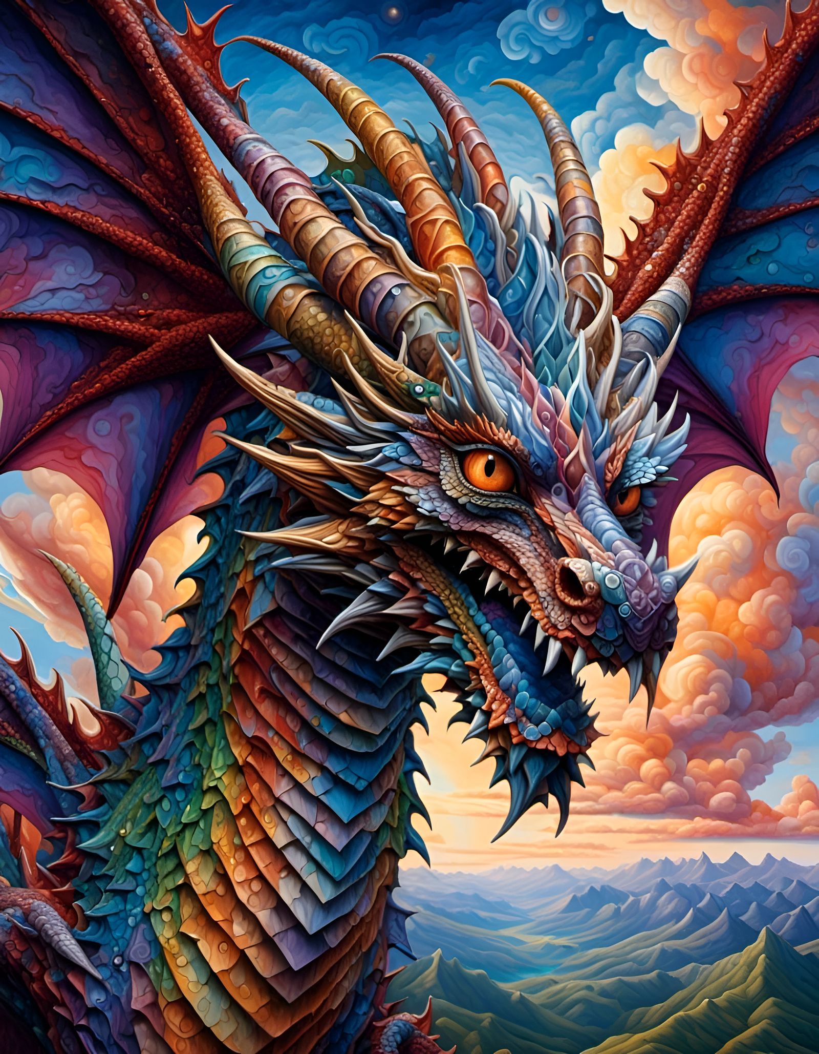 Ornate Dragon with Expressive Eyes Under Cosmic Sky