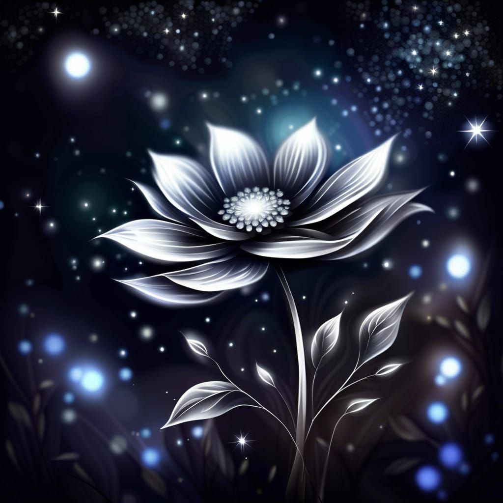 Glowing Silver Flower in Starry Night Sky