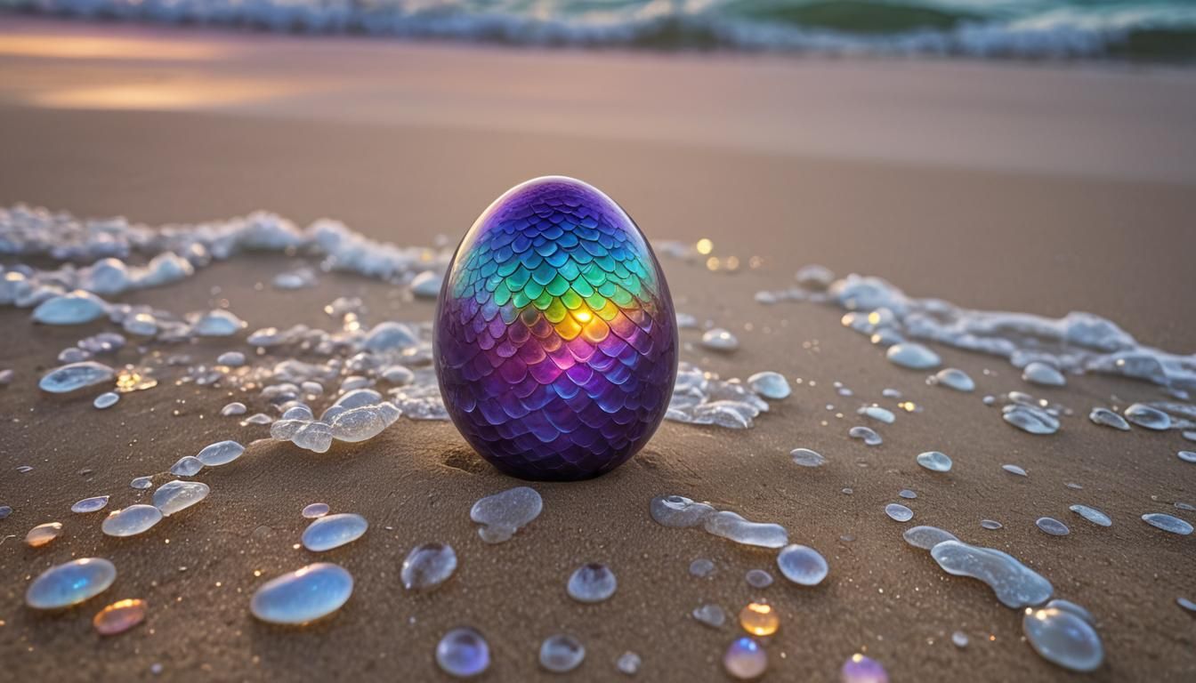 Iridescent Rainbow Dragon Egg on a Beach