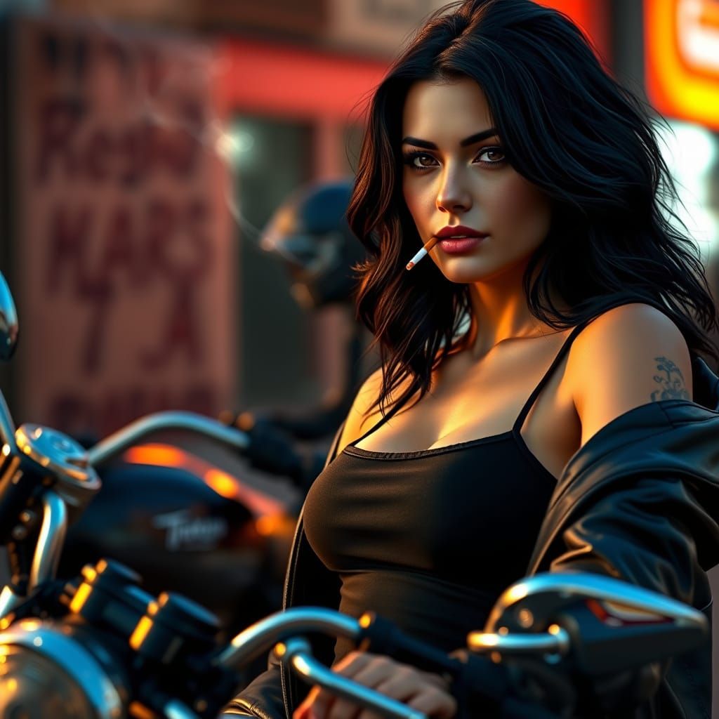 Beautiful Woman on Motorcycle in Cinematic Realism