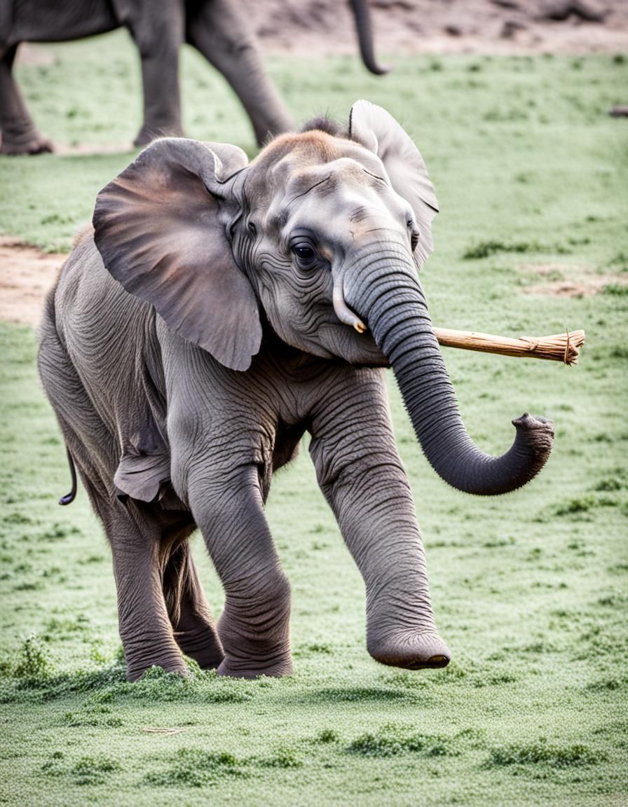 A baby elephant playing with a stick