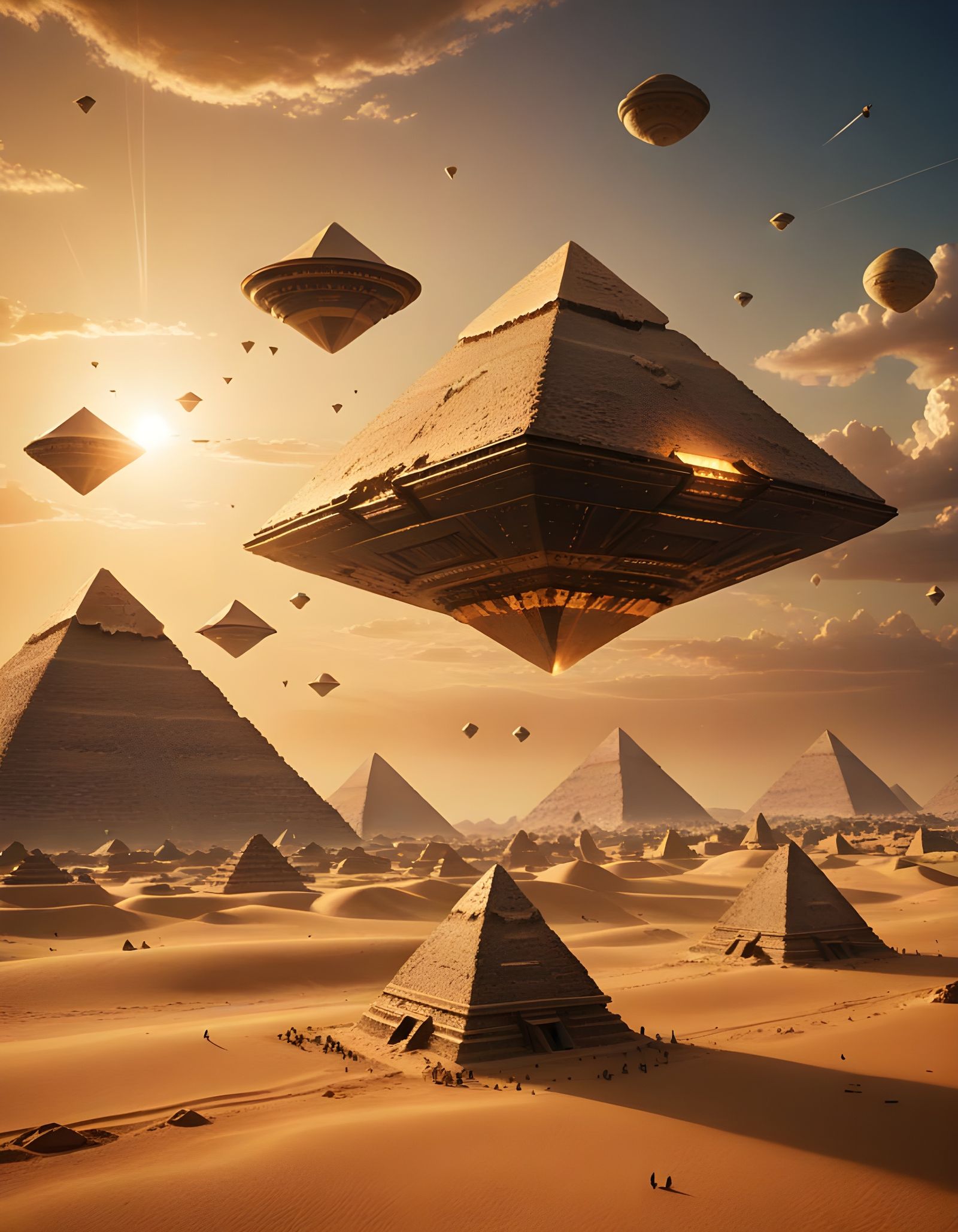 Alien Spaceships Over Giza Pyramids at Sunset