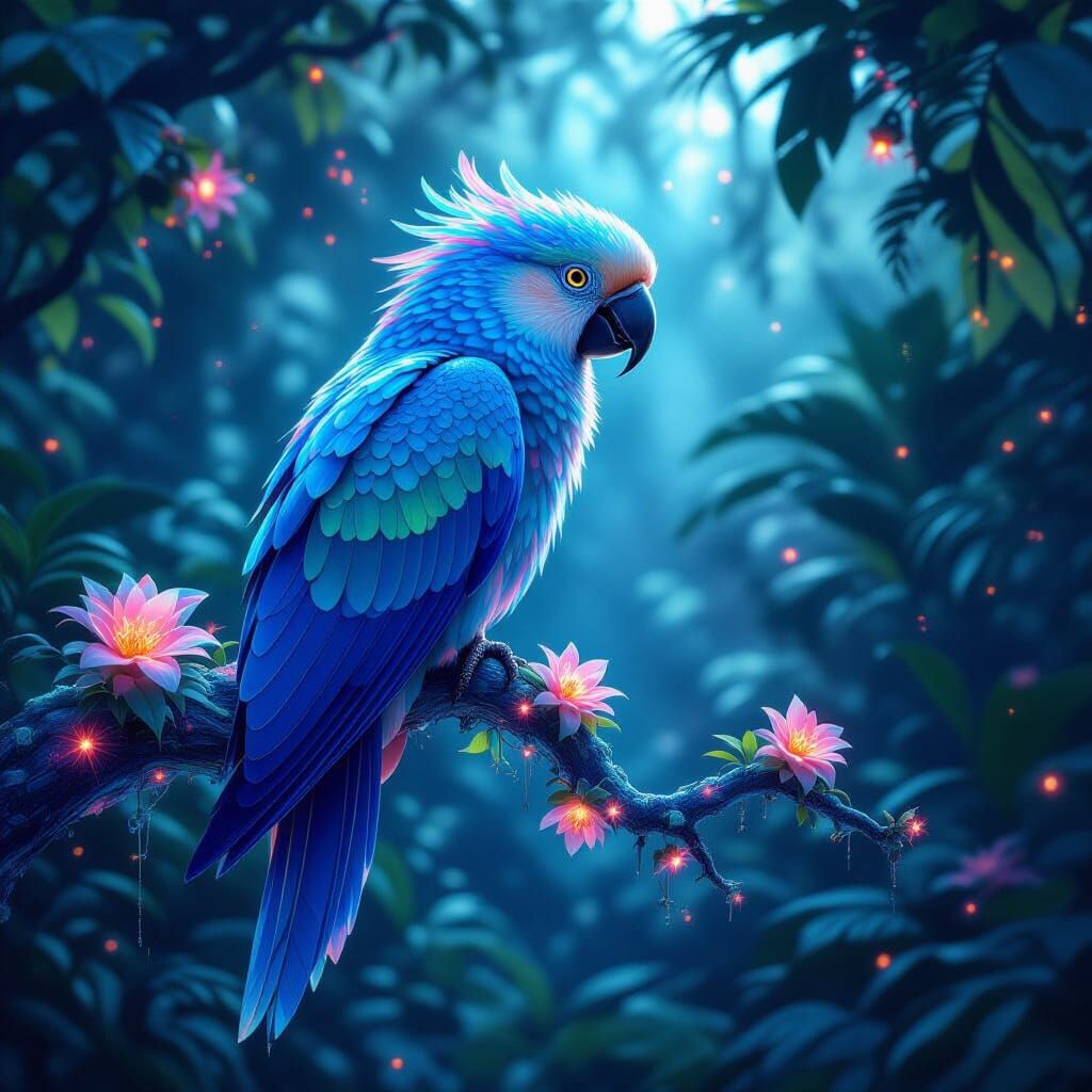 Bioluminescent Parrot in Alien Jungle