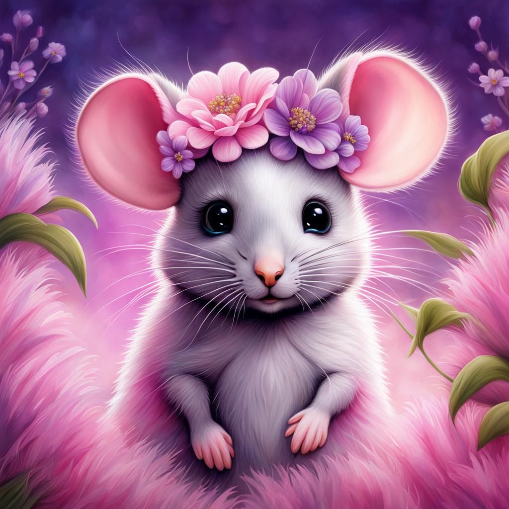 An adorable little grey mouse, with pink flowers
