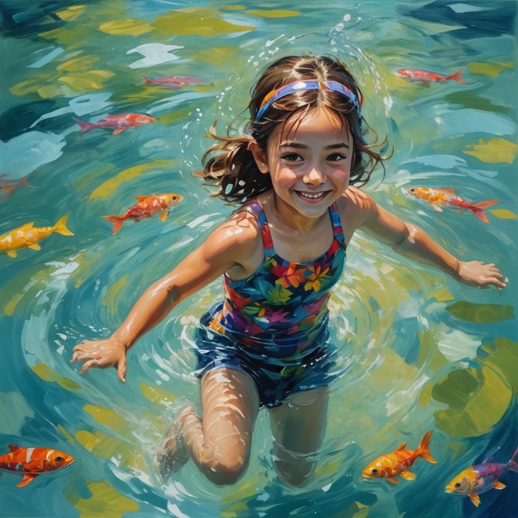 Smiling Girl Swimming: An Oil Painting