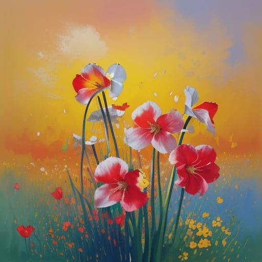 Blood-Stained Narcissus Flowers in Vibrant Impressionist Sun...