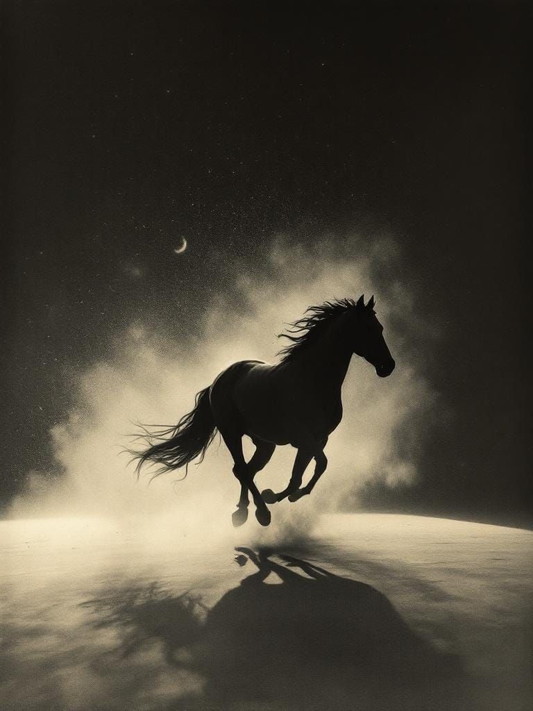 Horse Running Free: Existential Shadows in Amber Light