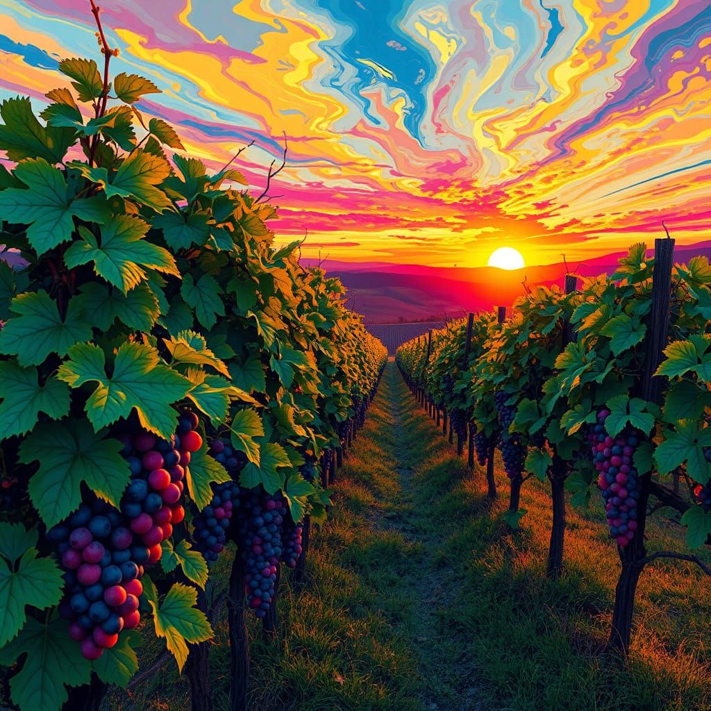 Vibrant Vineyards at Sunset in Street Art Style