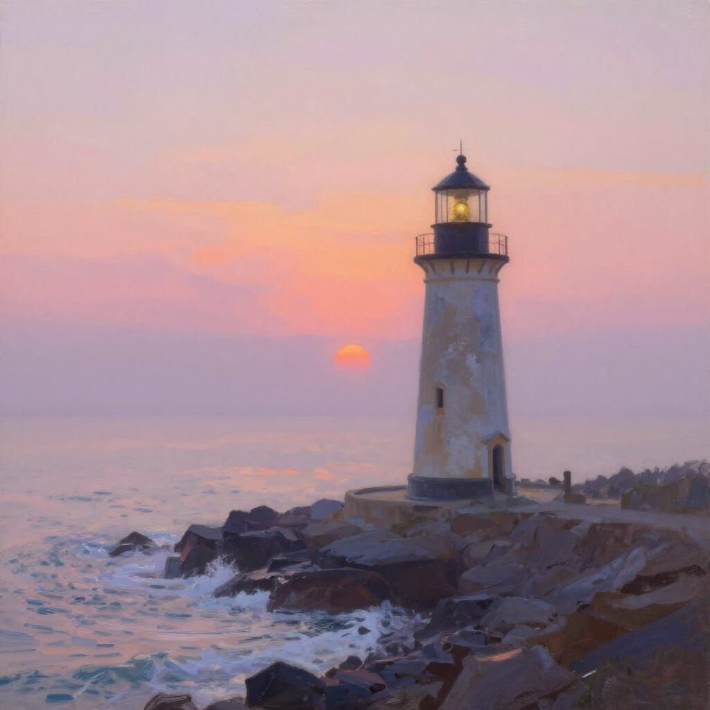 Weathered Lighthouse at Misty Dawn in Pastel Hues