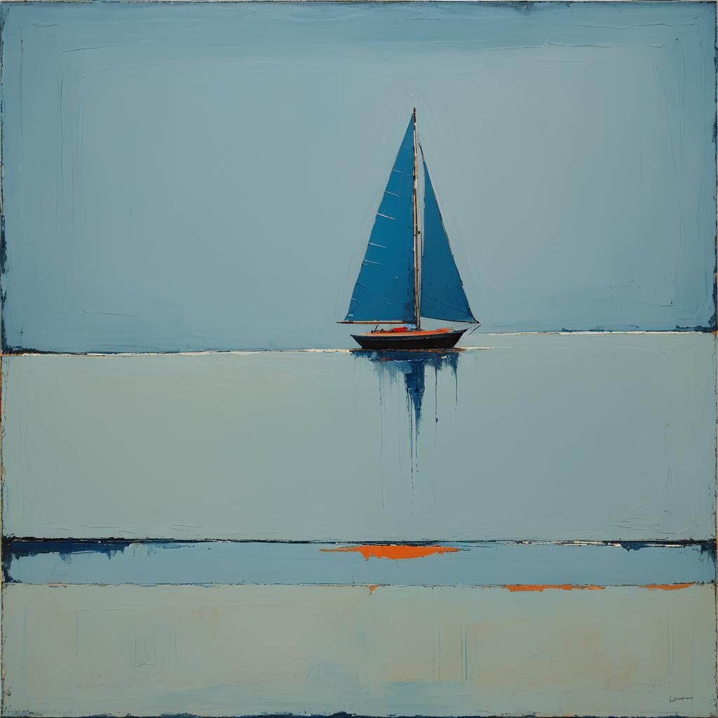 Abstract Blue Sailboat in Rothko Style with Neon