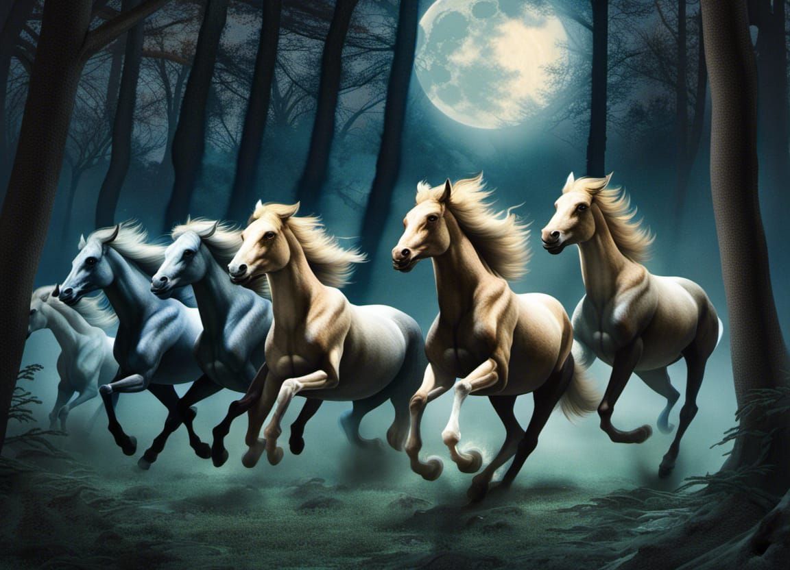 Centaurs Galloping Through a Moonlit Forest