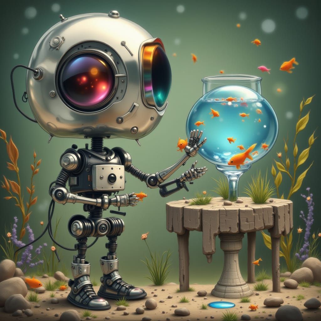 Cute Robot Holding a Fishbowl