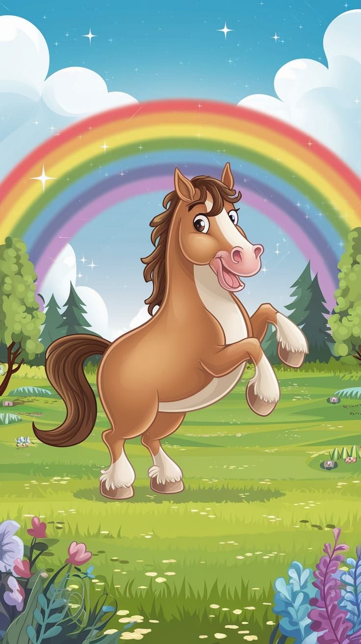 Cartoon Horse in a Vibrant Green Field
