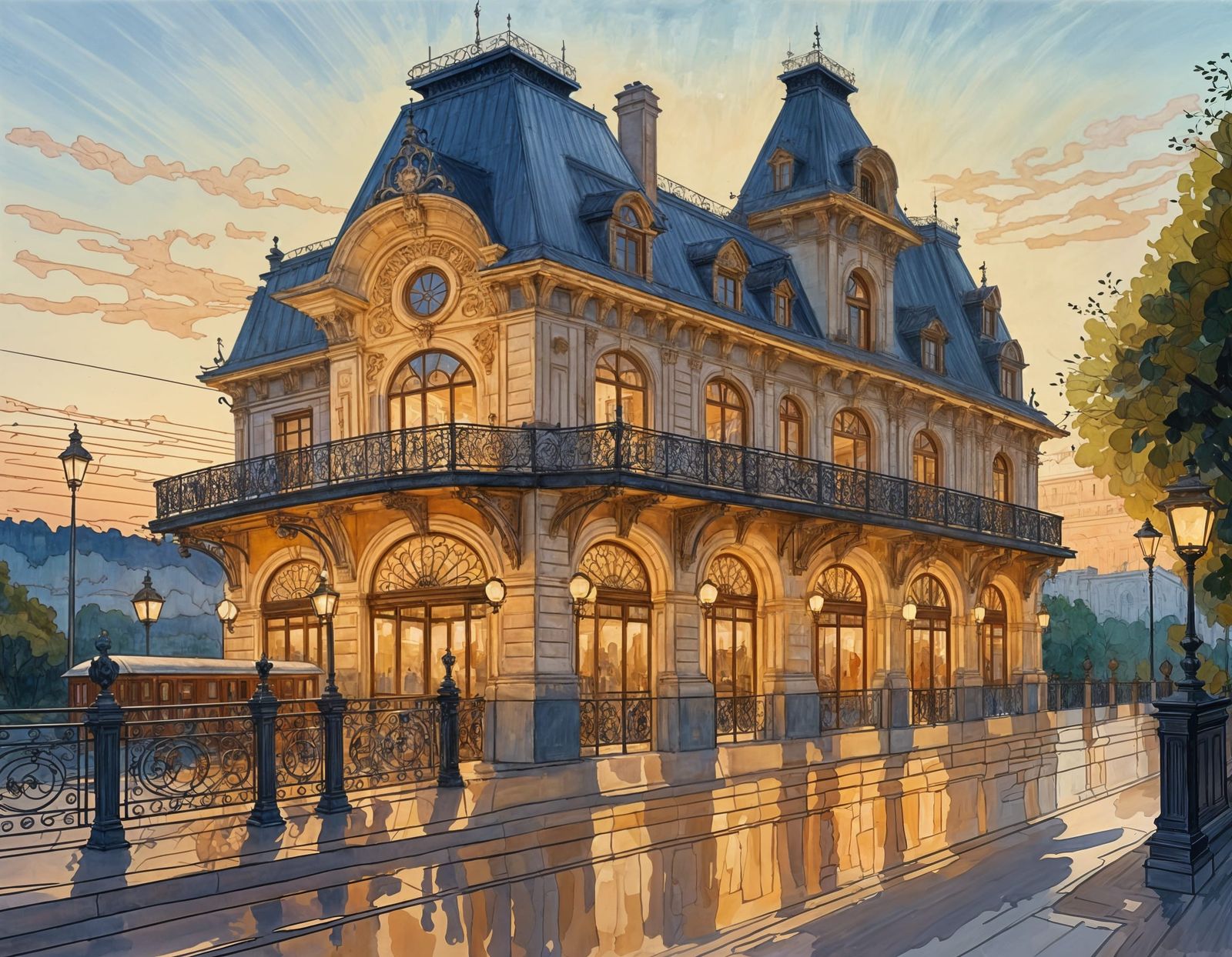Belle Epoque Train Station in Gouache Style