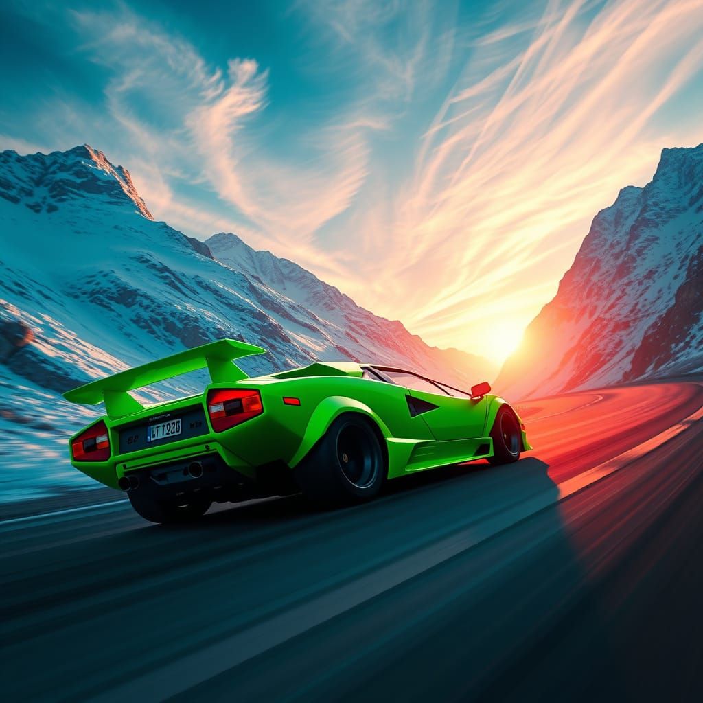 Sleek Neon Green Lamborghini Countach Speeds Through Majesti...