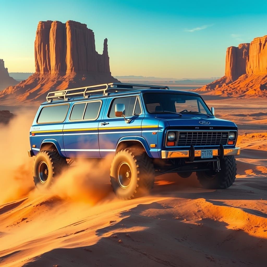 Custom 1970s Ford Van on Mesa, Hyperrealistic Digital Art