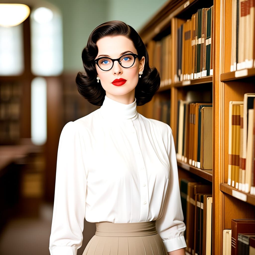 1940s Library Portrait of Alluring Woman in Glasses