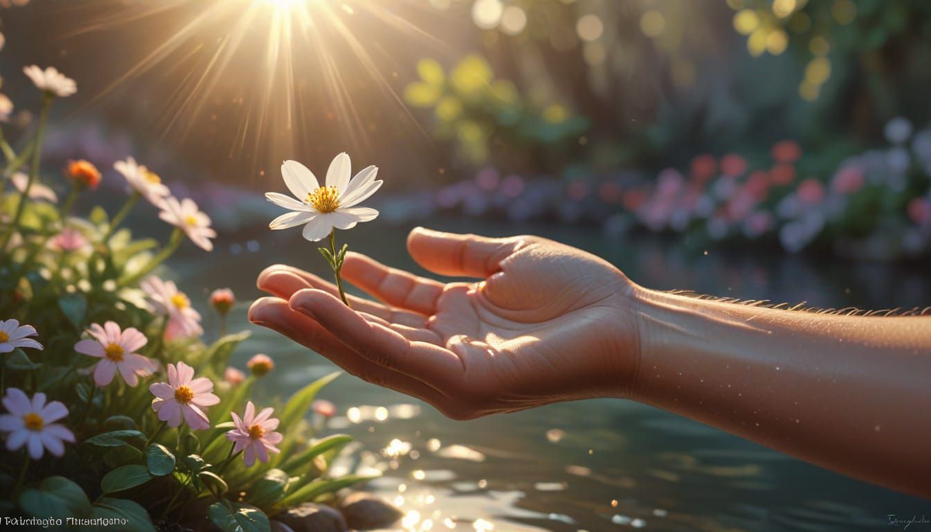 Hand Offers Flower with Ripple Effect of Kindness