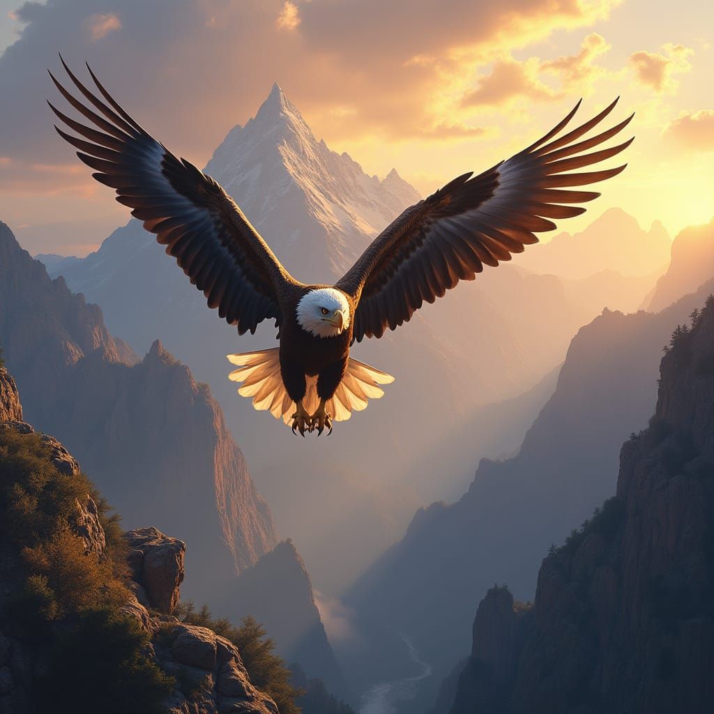 Majestic Eagle Soars Over Breathtaking Mountain Range at Sun...