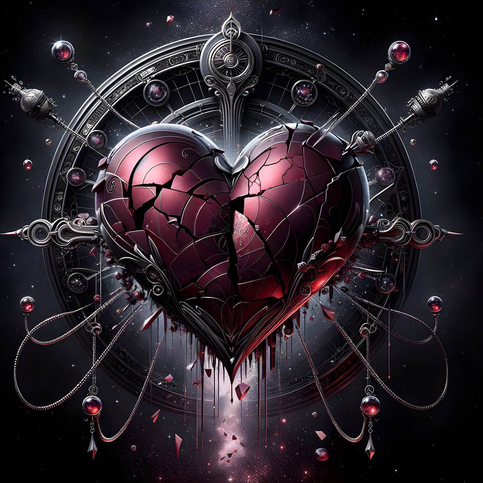 Shattered Crimson Heart with Steampunk Chains