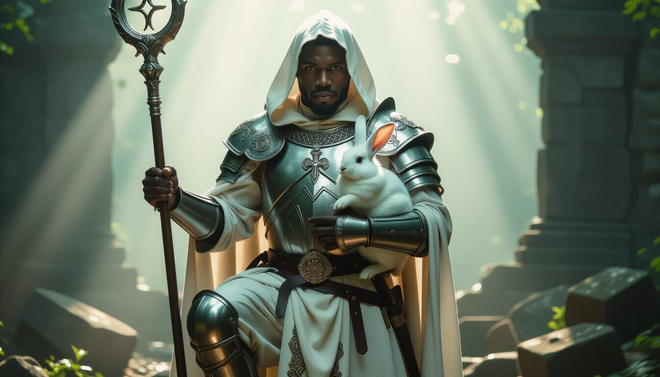 Cleric Cradles Rabbit With Loki Staff in Fantasy Forest