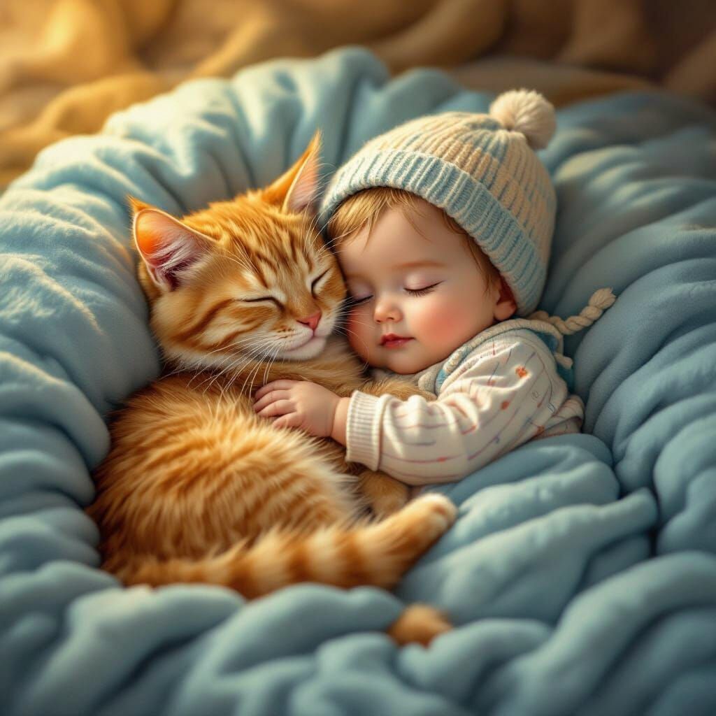 Orange Cat and Baby Cuddle, Folk Art Style