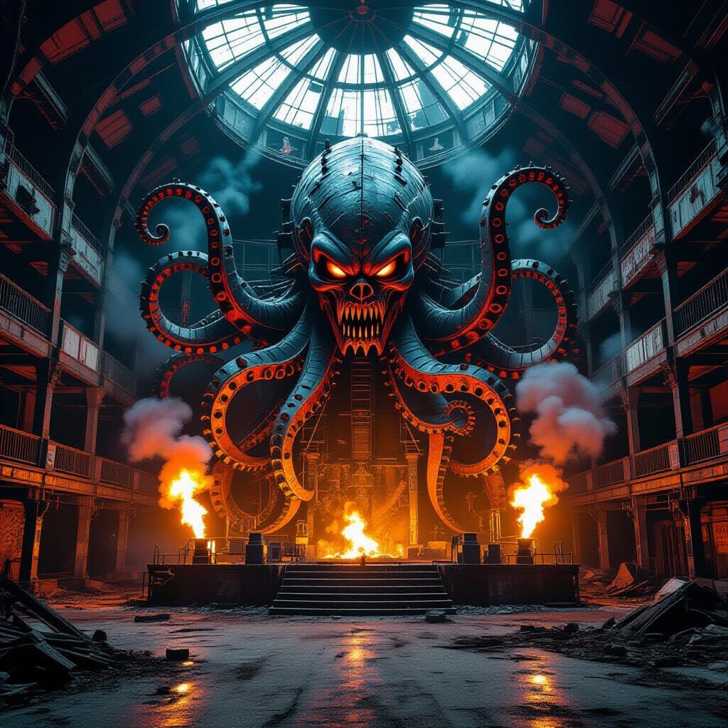 Supervillain Lair in Abandoned Theme Park with Mechanical Kr...