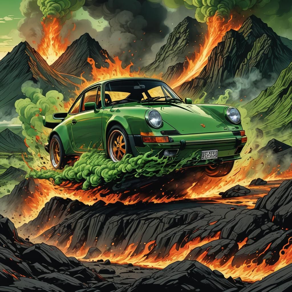 Porsche 911 Escapes Volcano in Comic Book Style