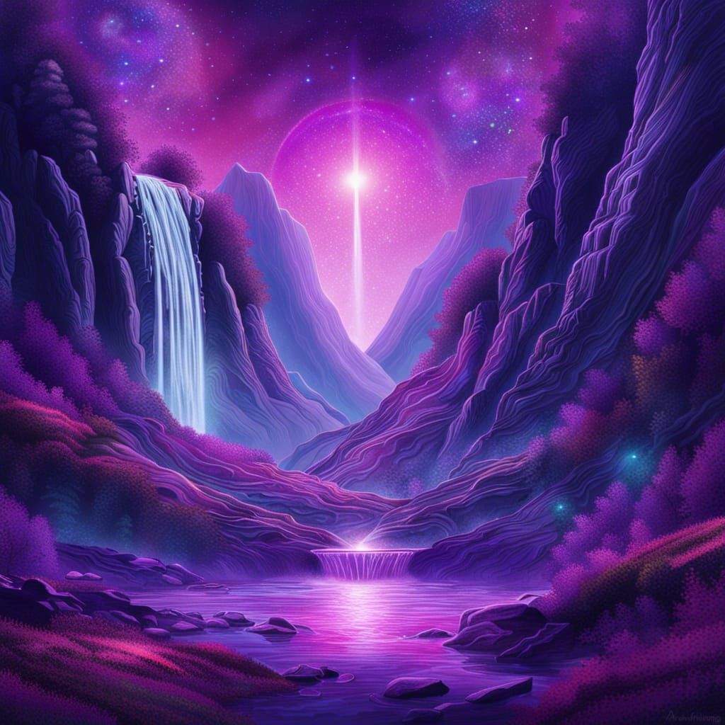 Purple Waterfall: Holographic Astral Cosmic Illustration