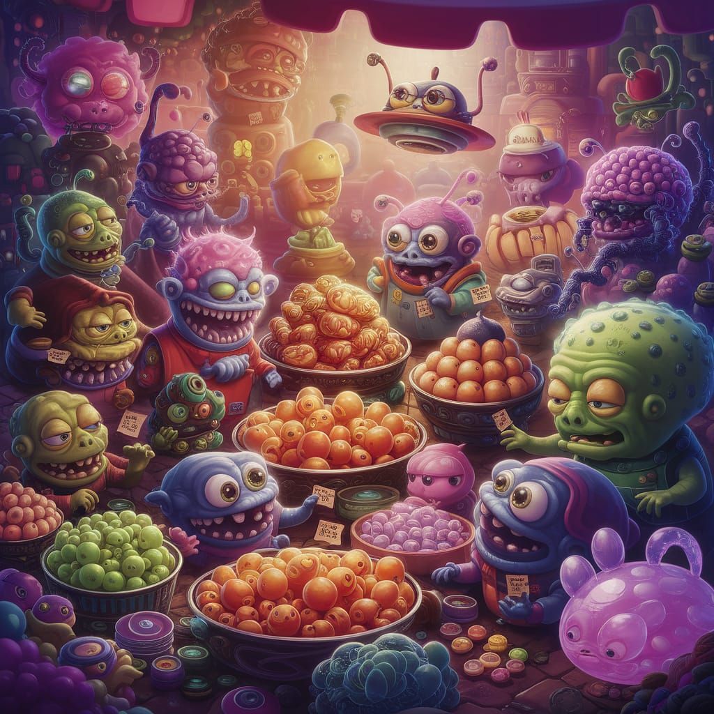 Chaotic Alien Marketplace in Whimsical Illustration Style