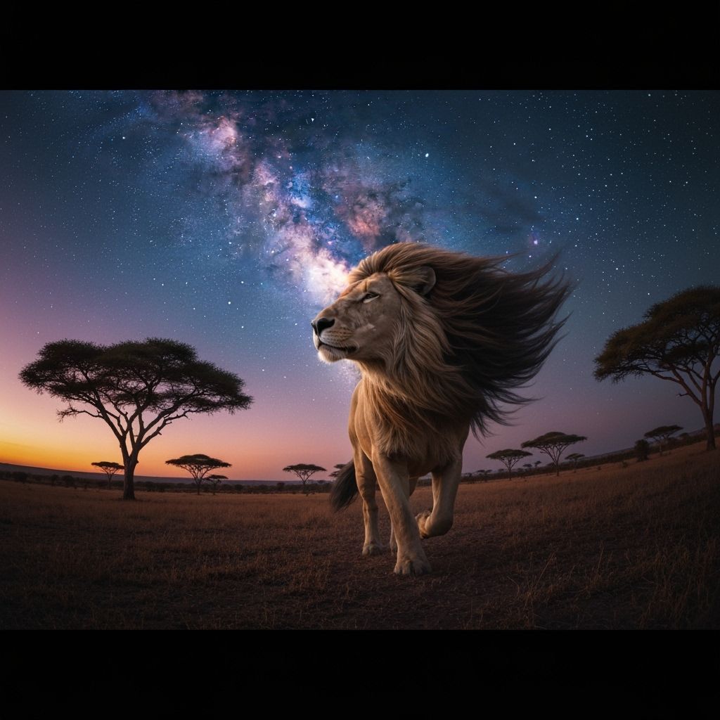 Lion with Starlight Mane Overlooking Nebula Sky